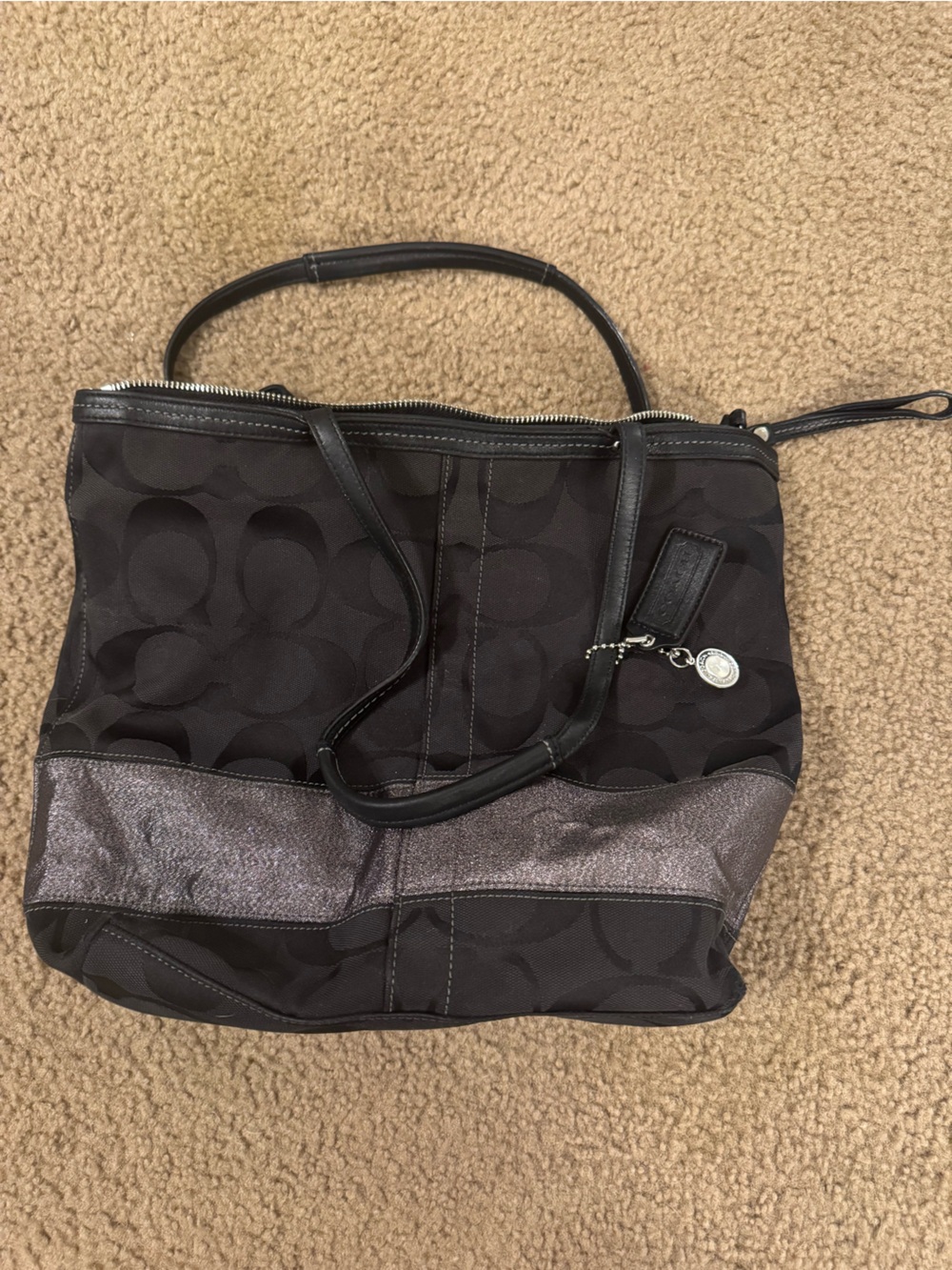 Coach Black Signature Shoulder Bag with Metallic Accent Band